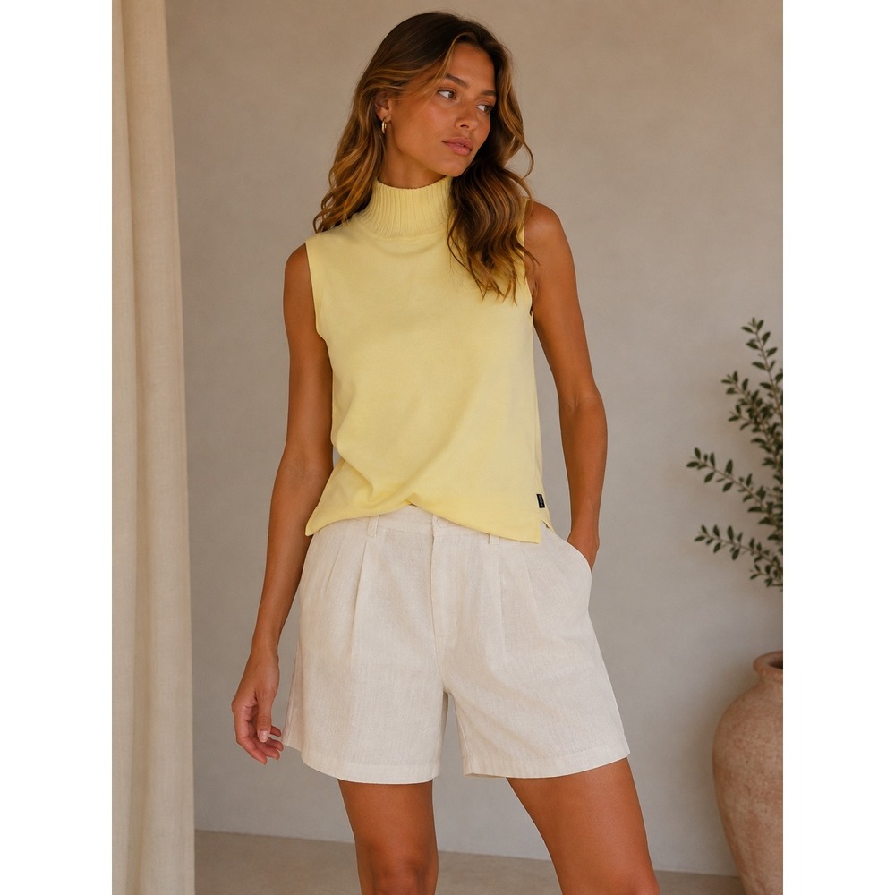 InWear Butter Yellow Mock Neck Sleeveless Cotton Blend Top Portugal Ribbed Knit